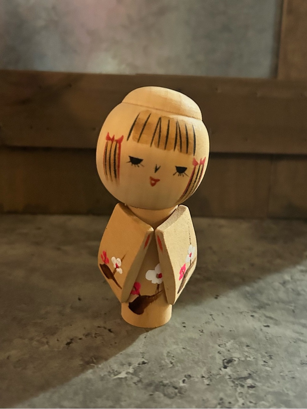 Vintage Mini Wooden Kokeshi Doll 3.75” - Floral